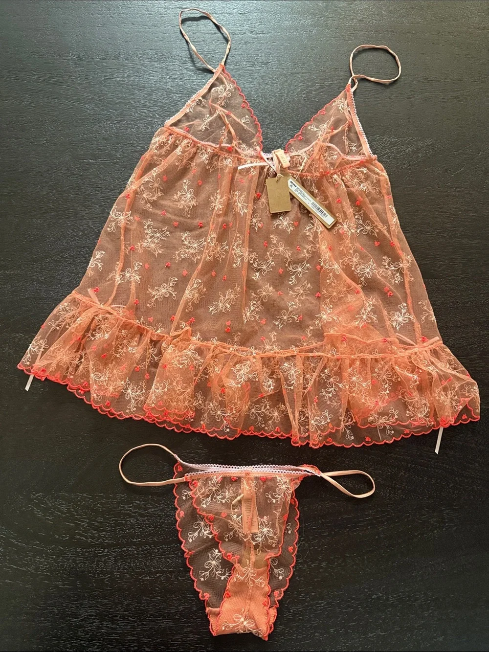 Skims embroidered tulle mini slip dress and micro tanga set